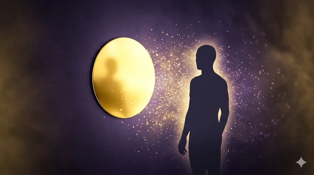 ユング心理学における黄金の影の統合と未知なる肯定的な自己像を視覚化した抽象的なイラスト