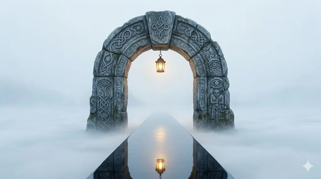 文化人類学における境界の守護者と魂の先導を象徴化した静謐なイラスト