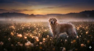 亡くなった犬との再会——夕暮れの野原で穏やかに輝き、守護の気配を漂わせる愛犬の幻想的なイメージ
