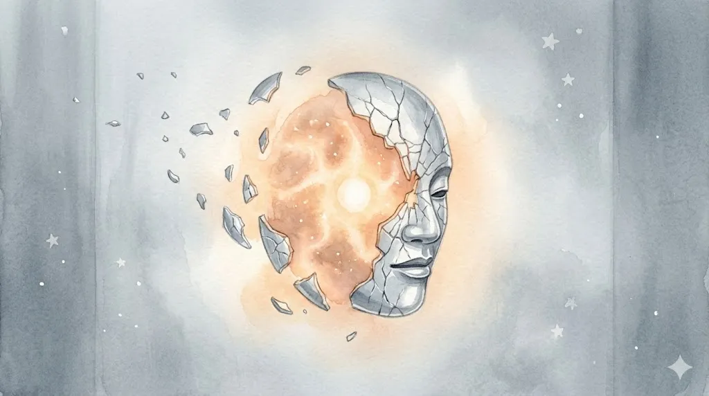 ユング心理学におけるペルソナの剥離と個体化のプロセスを視覚化した抽象的なイラスト