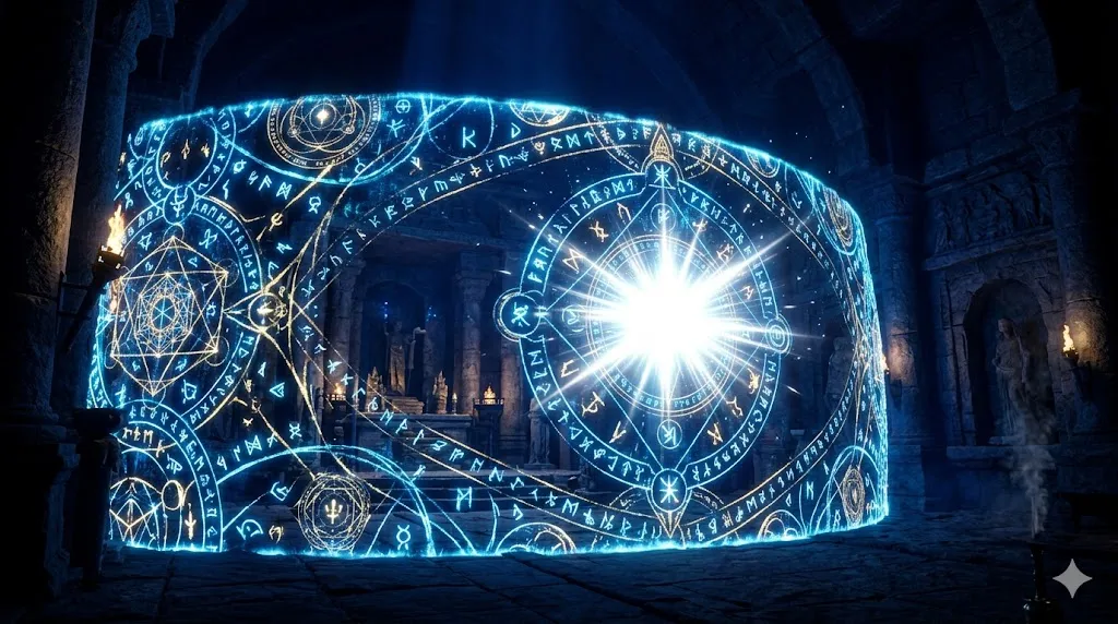 比較文化学における聖域の門番と「神聖な結界」の概念を視覚化した幻想的なイラスト