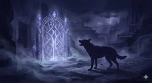 犬に吠えられる夢の象徴——聖域を守る門番と境界線の結界を描いた幻想的なイラスト