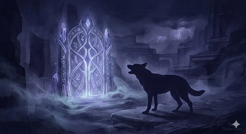 犬に吠えられる夢の象徴——聖域を守る門番と境界線の結界を描いた幻想的なイラスト