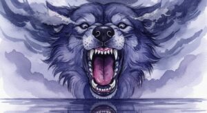 犬に噛まれる夢は、対人境界線の侵害と内なる本能の警告を告げる、藍色と紫の幻想的なイラスト