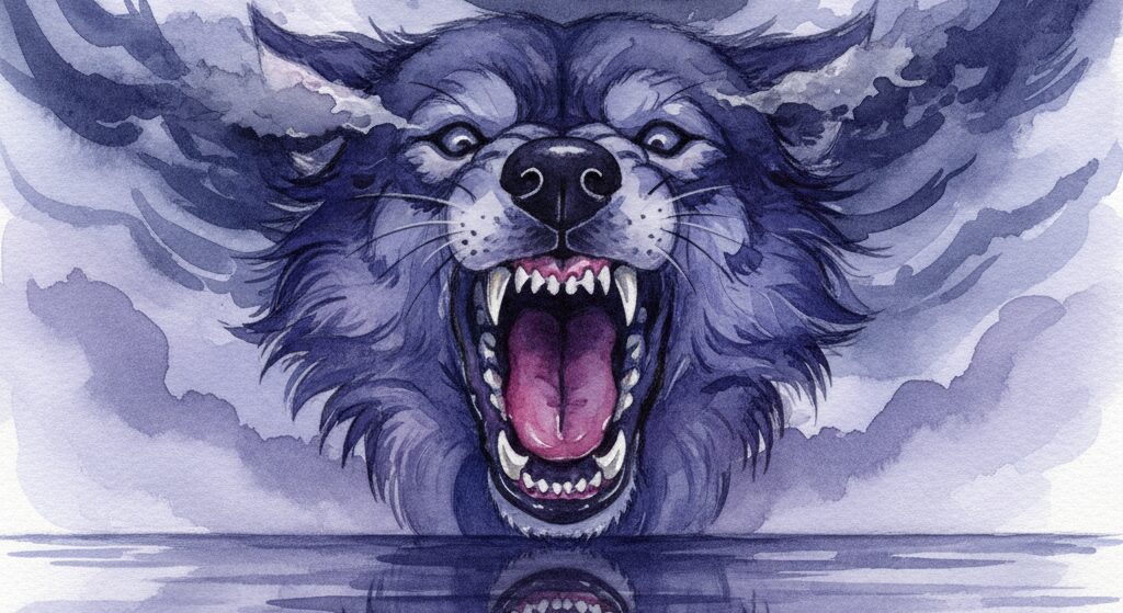 犬に噛まれる夢は、対人境界線の侵害と内なる本能の警告を告げる、藍色と紫の幻想的なイラスト