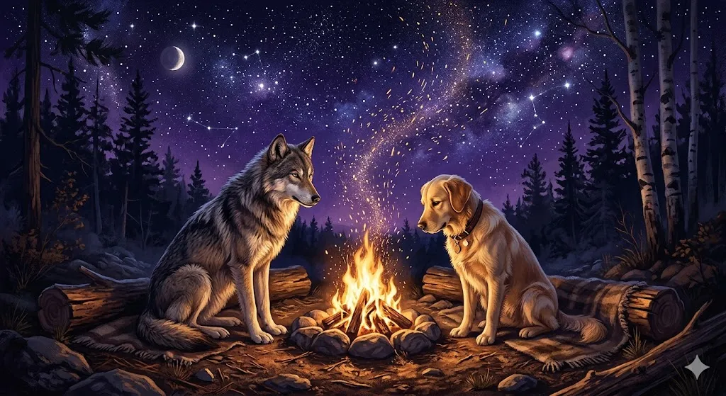犬の夢の象徴——焚き火を囲む野生の狼と理性の犬が、新しい信頼関係を結ぶ幻想的なイラスト