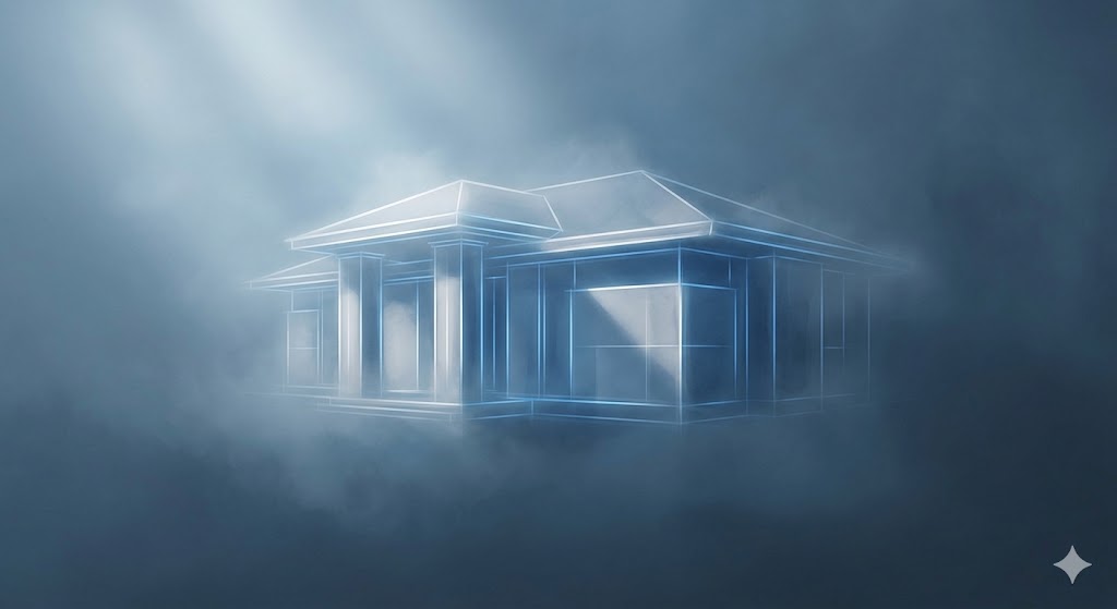 建築物の夢の象徴——静謐な霧の中に浮かぶ、自己の器を象徴する青白い光の設計図と構造物のイラスト