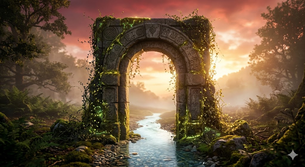 身体の夢の意味——変容と浄化を象徴する、光り輝く石の門と澄んだ水の流れ。