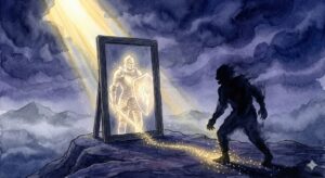 ヤンキーに絡まれる夢の象徴——深い藍色の霧の中で重厚な門扉の鍵を握り、心の境界線の主権を取り戻す幻想的なイラスト