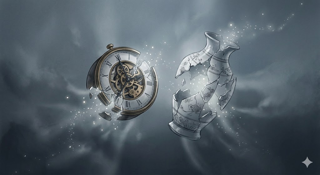壊れる夢の象徴——霧の空間に浮かぶ、砕けた陶器と機械時計の幻想的なイラスト