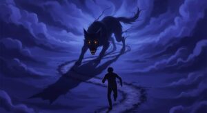 犬に追いかけられる夢の象徴——責任感という名の影（犬）に追われ、霧の中を逃げる人物の幻想的なイラスト