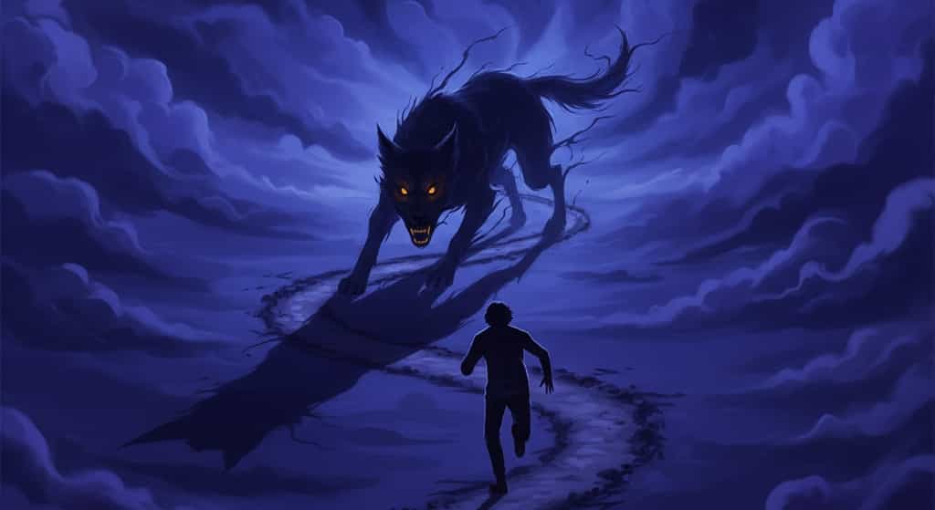 犬に追いかけられる夢の象徴——責任感という名の影（犬）に追われ、霧の中を逃げる人物の幻想的なイラスト