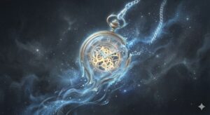 時計の夢の象徴——青い霧の中で溶け出し、内なるリズムを刻み始める時計の幻想的なイラスト