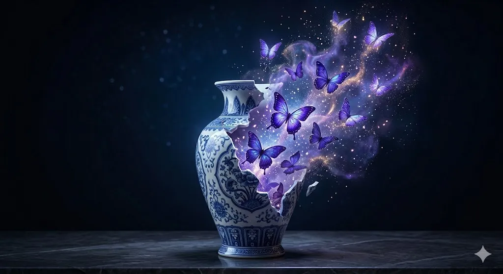 古い価値観の解体を象徴する、光り輝く蝶へと変わるアンティークな花瓶のイラスト
