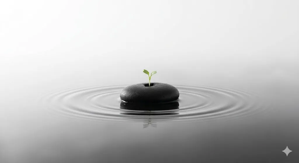 変容後の調律を象徴する、静かな水面に置かれた石とそこから芽吹く小さな若葉のイラスト