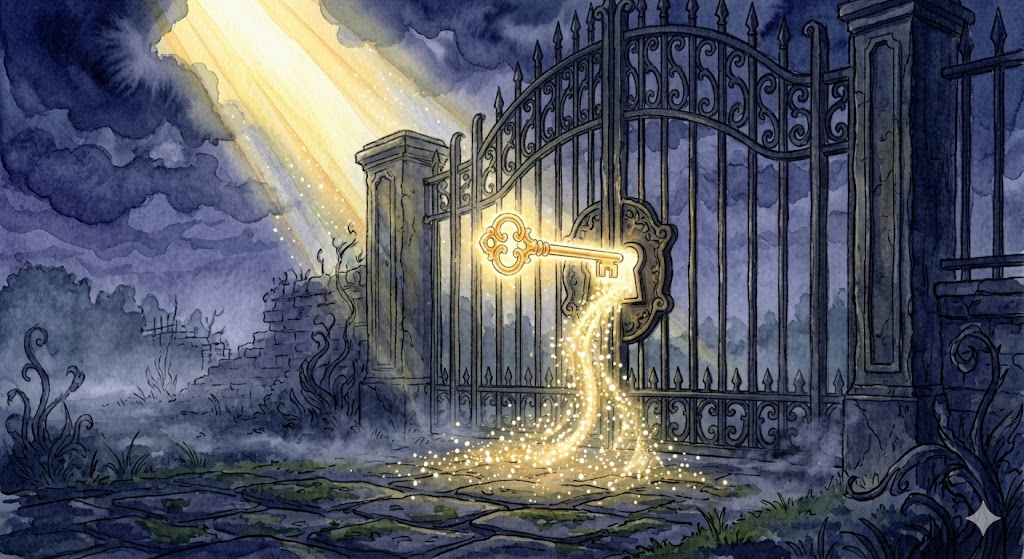 不良を撃退する夢の象徴——深い藍色の霧の中で、自己主権の奪還を告げる銀の盾と光り輝く勝利の輝きのイラスト