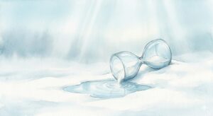 溺れる夢の象徴——静かな水底へ沈みゆく鍵と冬の光の幻想的なイラスト