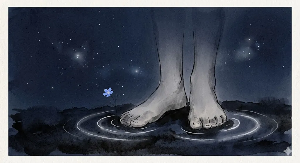 調律を象徴する、星空の下で大地にしっかりと立つ足元と波紋を描いた静謐なイラスト