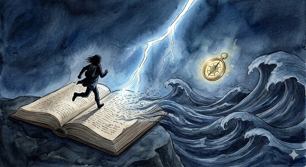 逃げる夢を象徴する、嵐の海のような本の上を駆ける旅人と黄金の羅針盤のイラスト