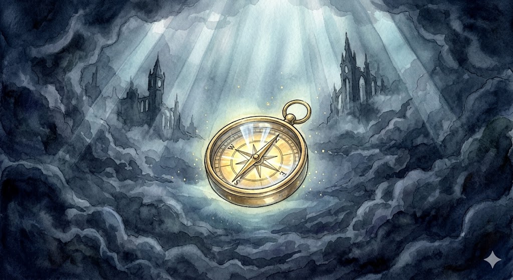 避難・救助の夢の象徴——深い藍色の嵐の中で、進むべき方向を指し示す黄金のコンパスの幻想的なイラスト