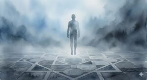 空中に浮遊する夢の象徴——薄暗い霧の中で静かに地面から離れる人物の幻想的なイラスト