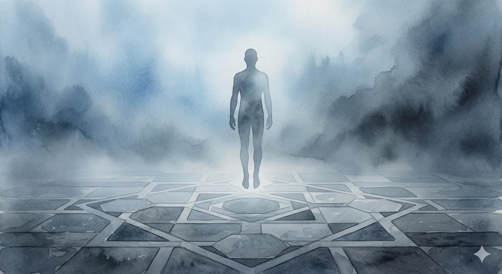 空中に浮遊する夢の象徴——薄暗い霧の中で静かに地面から離れる人物の幻想的なイラスト