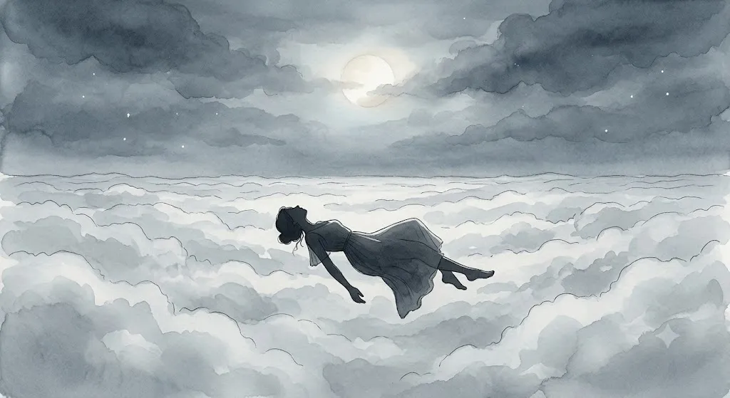 空を飛ぶ夢の背景にある社会の仕組みからの離脱を表現した霧のなかを漂う女性のシルエットイラスト