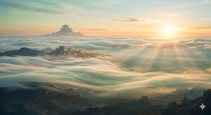 空を飛ぶ夢の象徴——ふわふわと浮かぶ透明な泡と柔らかな光の幻想的なイラスト