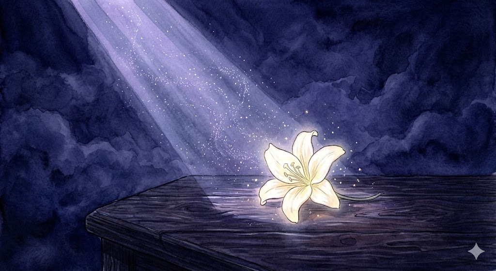 葬式の夢の象徴——暗い藍色の静寂の中で、古い自分を見送り、新しい人生の物語を綴じ直す厳かなイラスト