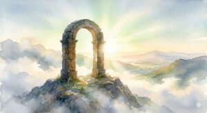 高い崖から光り輝く街を見下ろす象徴——黄金の光と雲海が織りなす安堵のイラスト