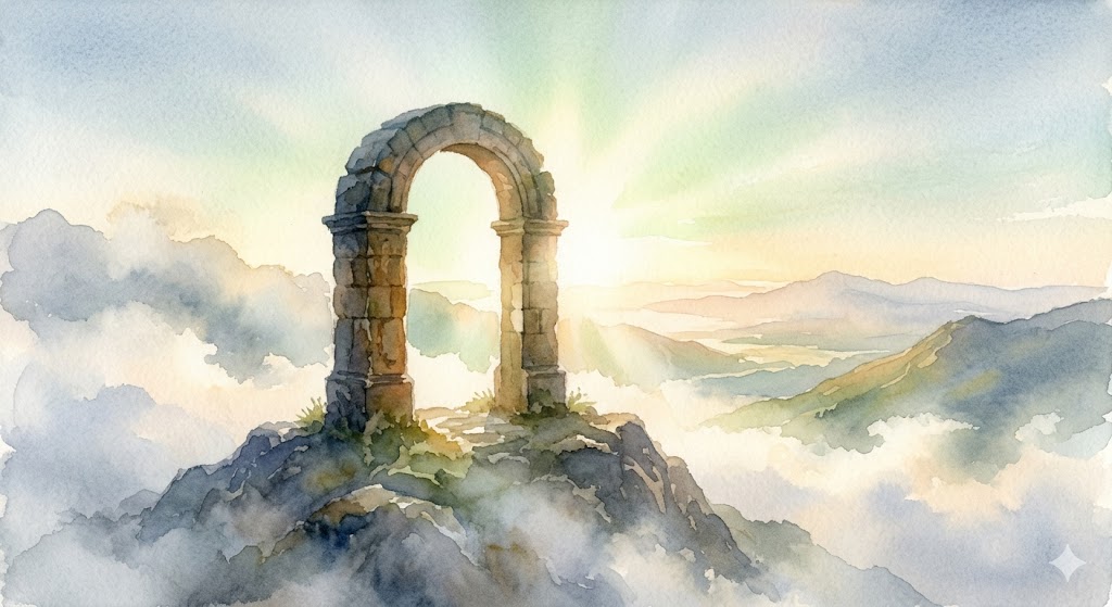 高い崖から光り輝く街を見下ろす象徴——黄金の光と雲海が織りなす安堵のイラスト