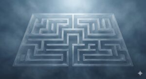 迷路の夢の象徴——静謐な霧の中に浮かぶ、幾何学的で美しい銀色の迷宮を俯瞰した幻想的なイラスト