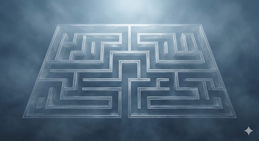 迷路の夢の象徴——静謐な霧の中に浮かぶ、幾何学的で美しい銀色の迷宮を俯瞰した幻想的なイラスト