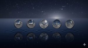 お金の夢の象徴——自己価値の循環を表す、クリスタルの財布と光り輝くコインの幻想的なイラスト