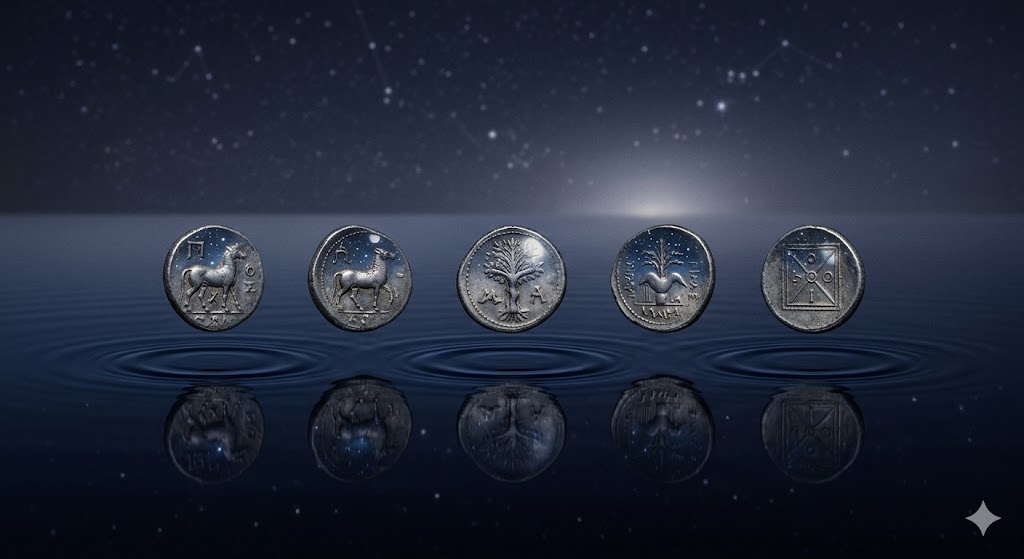 お金の夢の象徴——自己価値の循環を表す、クリスタルの財布と光り輝くコインの幻想的なイラスト