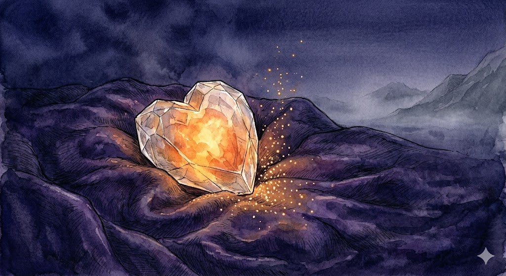 心の回復を象徴するイメージ——深い藍色の空間で琥珀色の光を放つクリスタルの心臓