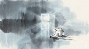 冷蔵庫と炊飯器の夢の象徴——静寂なキッチンに佇む、生命エネルギーを管理する家電の幻想的なイラスト