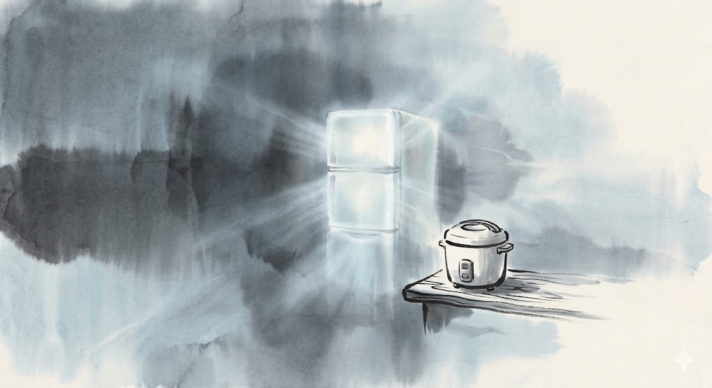 冷蔵庫と炊飯器の夢の象徴——静寂なキッチンに佇む、生命エネルギーを管理する家電の幻想的なイラスト