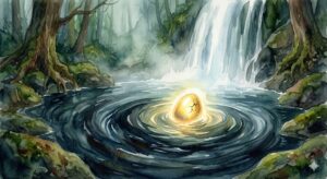 漏らす夢で感じるスッキリ感——古い扉から溢れる金色の光と鍵の象徴的なイラスト