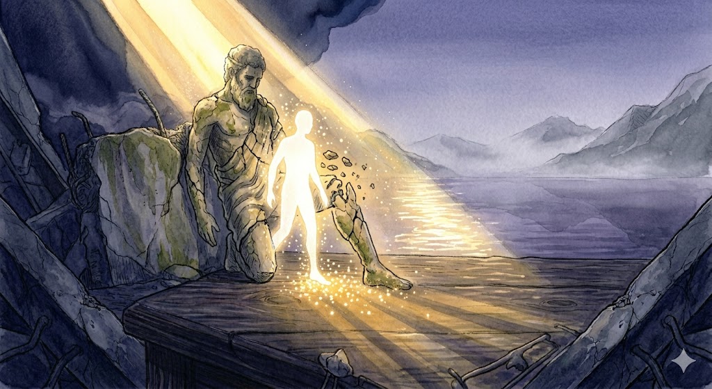 自分が死ぬ夢の象徴——暗い藍色の静寂の中で、新しい物語の扉を開くための「白い鍵」が水面に浮かぶ幻想的なイラスト