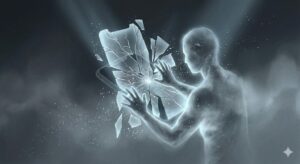 スマートフォンの画面が割れる夢の象徴——ひび割れた画面から光が漏れ出す幻想的なイラスト