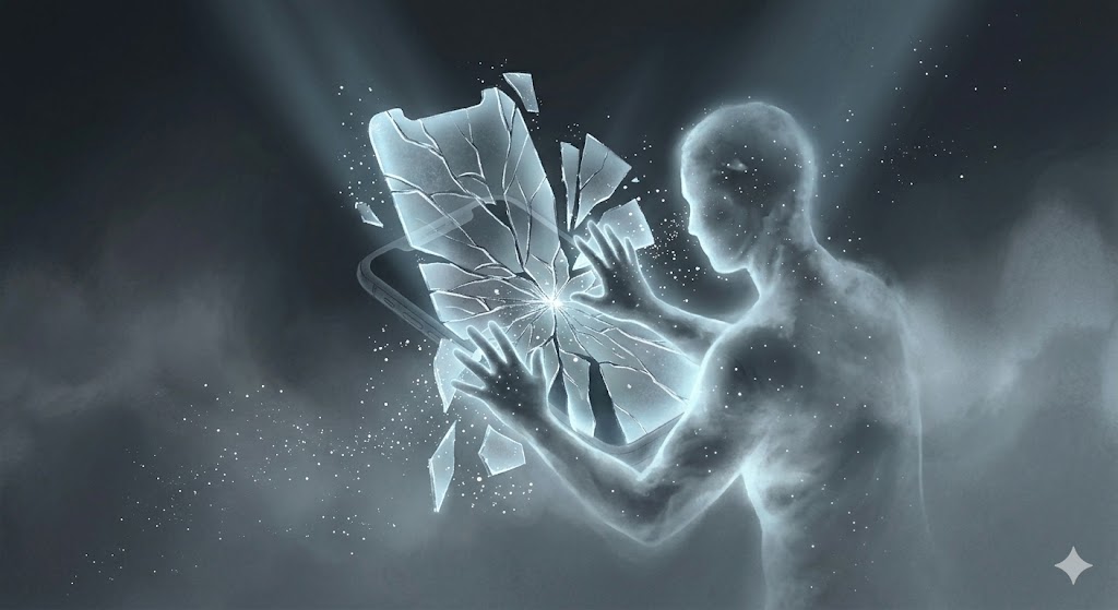 スマートフォンの画面が割れる夢の象徴——ひび割れた画面から光が漏れ出す幻想的なイラスト