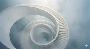 階段の夢の象徴——無限の空間に浮かぶミニマルで美しい階段と視座の切り替えを表現した幻想的なイラスト