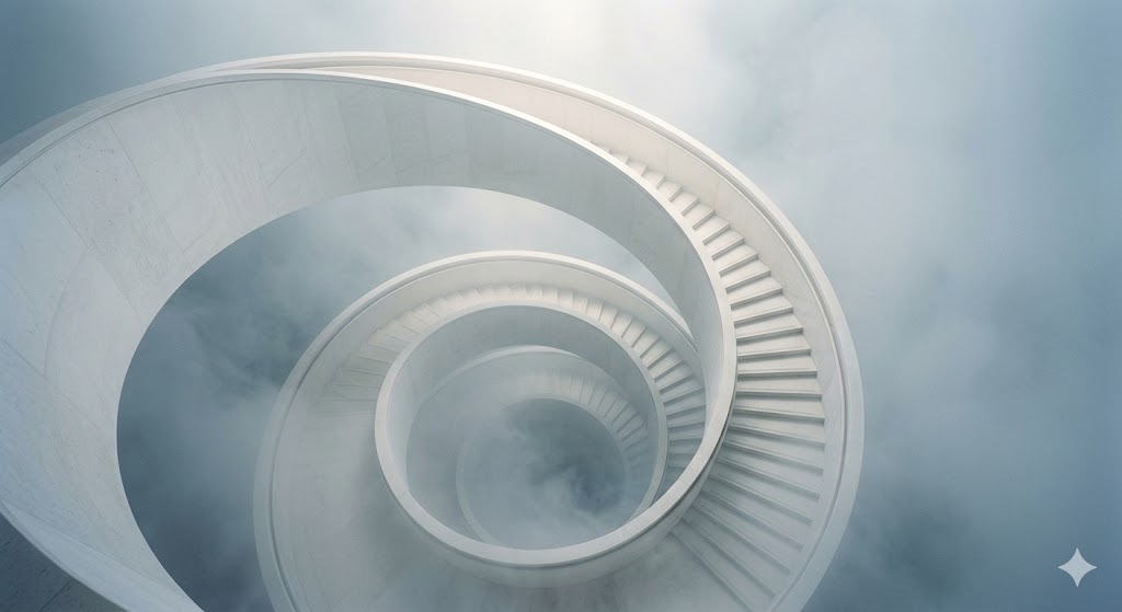 階段の夢の象徴——無限の空間に浮かぶミニマルで美しい階段と視座の切り替えを表現した幻想的なイラスト