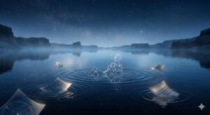 喪失の夢の象徴——星屑の人型と深い藍色の空洞の幻想的なイラスト