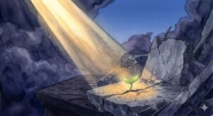 生き残る・再建する夢の象徴——灰色の瓦礫の中から芽吹く小さな命と、地平線から差し込む黄金の光の幻想的なイラスト
