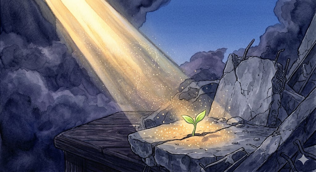 生き残る・再建する夢の象徴——灰色の瓦礫の中から芽吹く小さな命と、地平線から差し込む黄金の光の幻想的なイラスト