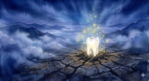 歯が生える夢の象徴——暗い大地を突き破り、力強く芽吹く白く硬質な結晶が放つ再生の輝きのイラスト