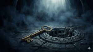 トイレの夢の象徴——暗い聖域で器から溢れ出す水と浄化のプロセスを描いた幻想的なイラスト