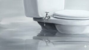 トイレの夢の象徴——広い霧の野原に佇む、誰もいない白い個室の幻想的なイラスト